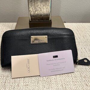 Jimmy Choo Leather Zip Around Wallet with Gold Logo Plaque
